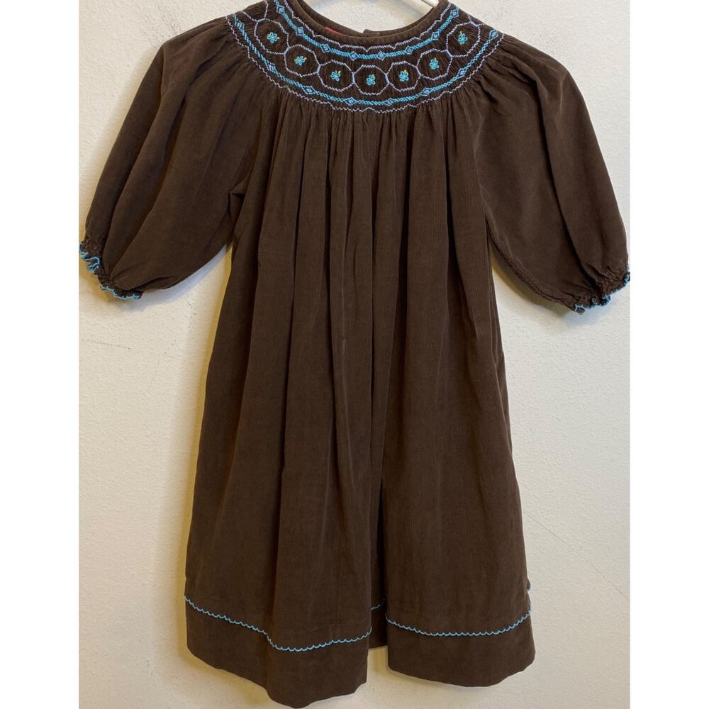 Claire and Charlie Hand Smocked Brown Blue Corduroy Dress Girl Size 6
